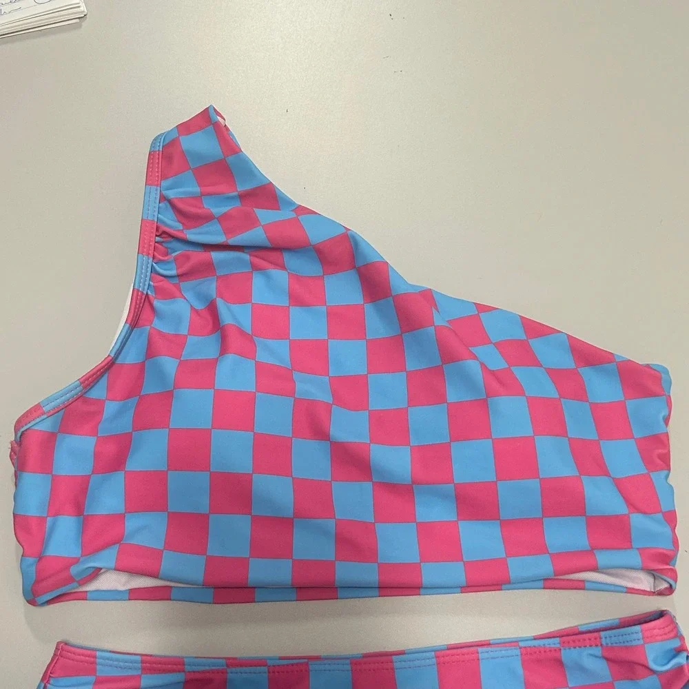 Pink Blue Checkered One Shoulder High Waisted Bikini Set Two Piece Swimsuit L